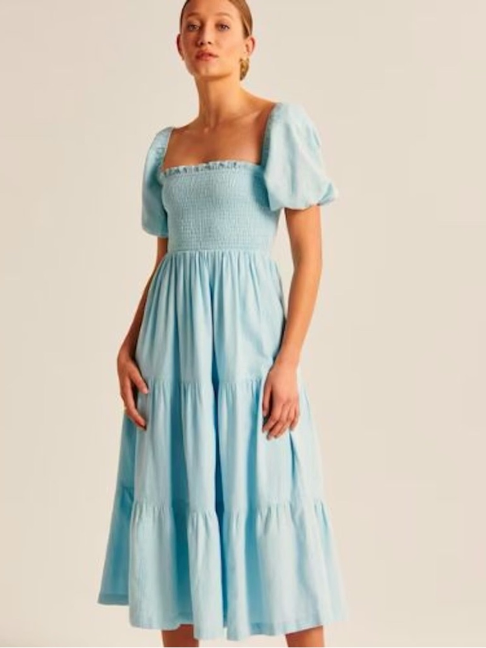 Abercrombie & Fitch Light Blue Smocked Puff-Sleeve Tiered Midi Dress
